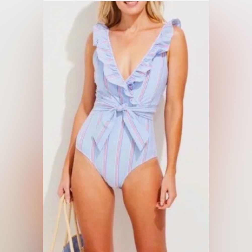 Vineyard Vines Blue and White Striped Ruffle One-Piece Swimsuit